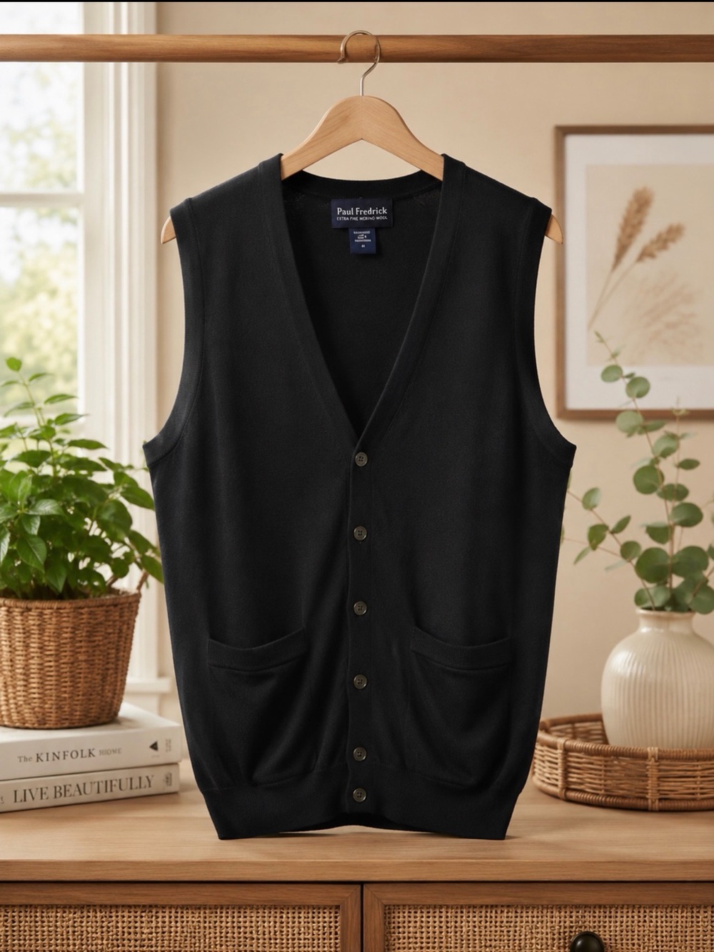Paul Fredrick Black V-Neck Button Cardigan Vest size m